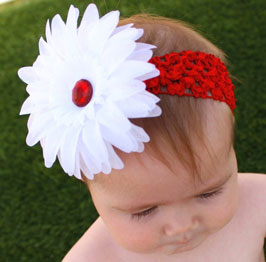 Red Crochet Headband with White Daisy Flower Clip and Red Rhinestone